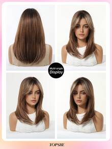 TOPSHE 16英寸成熟性感棕色渐变中长直发假发，棕色到金色渐变，深色发根，耐热合成假发，带侧刘海，适合女性日常、派对、舞蹈、角色扮演、节日等场合。 - 漸層棕色 - 查看 10