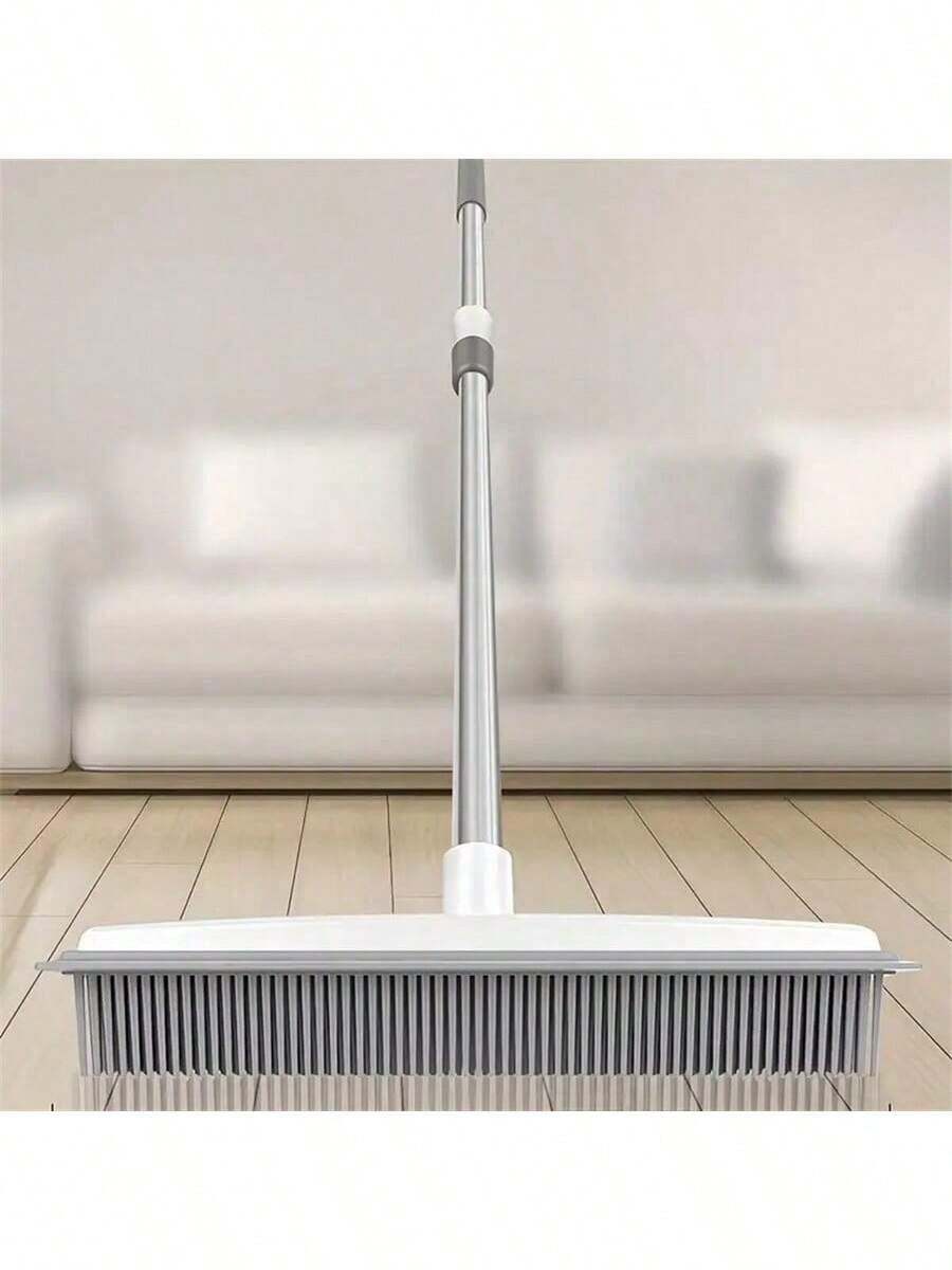 1pcs Portable Pet Hair Remover Push Broom With Rubber Teeth - Stainless Steel & Flag-Free Pig Bristles, Ergonomic Handle For Carpets, Hardwood Floors, Tiles, Windows - Efficient Grooming Tool For Bedroom, Bathroom, Kitchen, Living Room - Grey - View 1