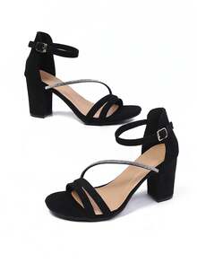 2026 Summer New Fashion Versatile Elegant Rhinestone Embellished Chunky Heel Strap Sandals, Suitable For Office And Commute - Black - View 9