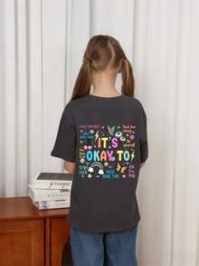 Tween Girls' Casual Funny Print Crew Neck Short Sleeve T-Shirt Top, Summer - Dark Grey - View 2