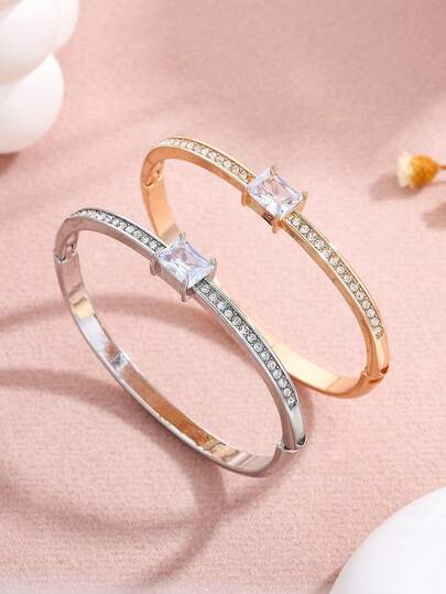 Zinc Alloy Square Rhinestone Bracelet, Luxury European And American Pave Bangle