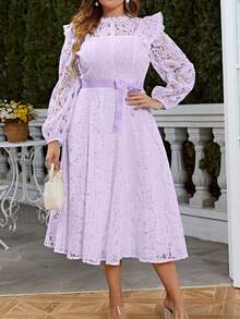 Simplee Gaun Lengan Panjang Leher Bulat Berenda Elegan Ukuran Plus untuk Wanita, Cocok untuk Pesta dan Kencan, Musim Semi/Panas - Purple - View 2