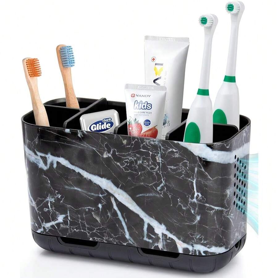Boperzi Black Toothbrush Holder For Bathroom Toothpaste Organizer Countertop, Detachable Anti-Slip Marble Toothpaste Storage Caddy 6 Slots With Drainage Holes For Makeup Brush Razor Stand,BlackMarbleColor - 黑色大理石紋 - 查看 1