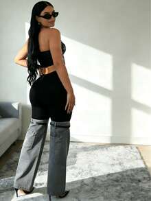 Y2K Streetwear Patchwork Wide Leg Pants For Women High Waist Stretch Black Top With Washed Denim Flared Bottom And Decorative Belt Straps - Xám - Xem 9