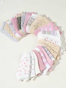20 Paar Kinder Zufallsfarben Schleifen, Herzen, Streifen, Punkte, einfarbige atmungsaktive kurze Socken, geeignet für Frühling/Sommer - Verschiedenfarbig - Übersicht 3