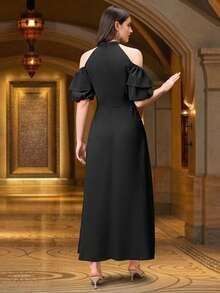Elegant Arabian Long Dress With Cold Shoulder And Embroidered Details Belted Ruffle Hem Woven Fabric