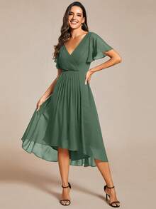 Women's Pleated V Neck Ruffles Sleeve Asymmetrical Hem Midi Dresses For Wedding Guest - Olive Green - View 6