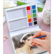 10色固体水彩颜料套装，含1支水彩笔和40张水彩纸，学生自带涂色套装，可用于涂鸦、卡通绘画和素描，便携装。 - 多種 - 查看 2