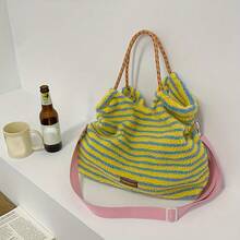 Local Shipping- Large Capacity Shoulder Bag For Vacation Travel, Crossbody Bag-[Versatile Striped Tote Bag] Versatile Plush Striped Tote Bag | - Yellow - View 6