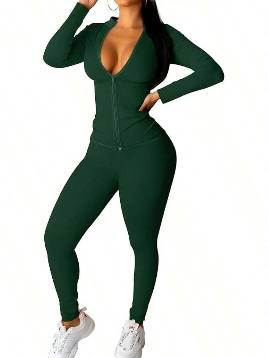 2 Piece Yoga Workout Set For Women - Zip Up Thumbhole Jacket High Stretch Gym Leggings Tracksuit - Dark Green - View 1