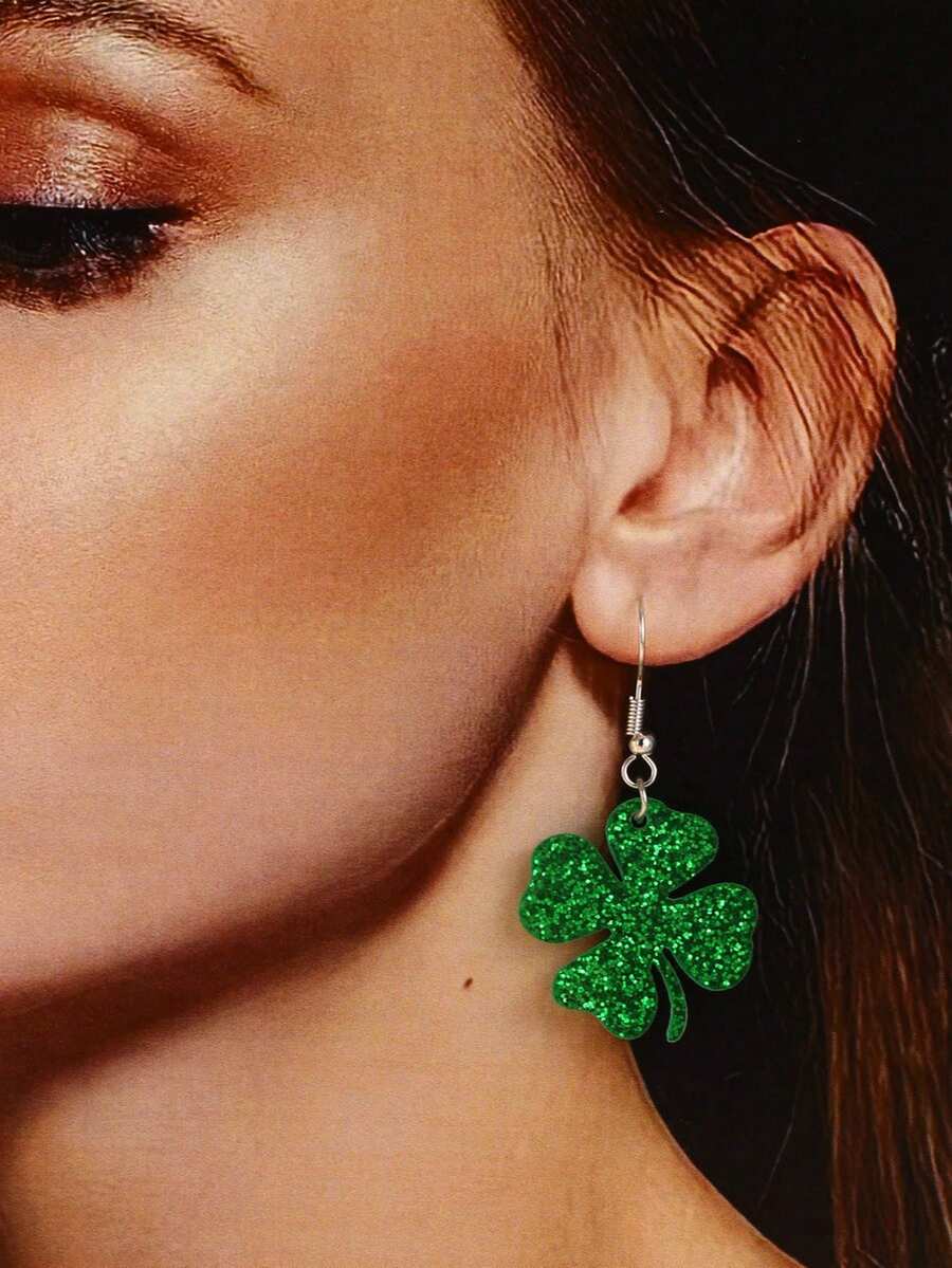 1 Pasang Anting Hijau Baru, Perhiasan Akrilik Bentuk Topi dan Daun Semanggi untuk Hari St. Patrick - Hijau - View 1