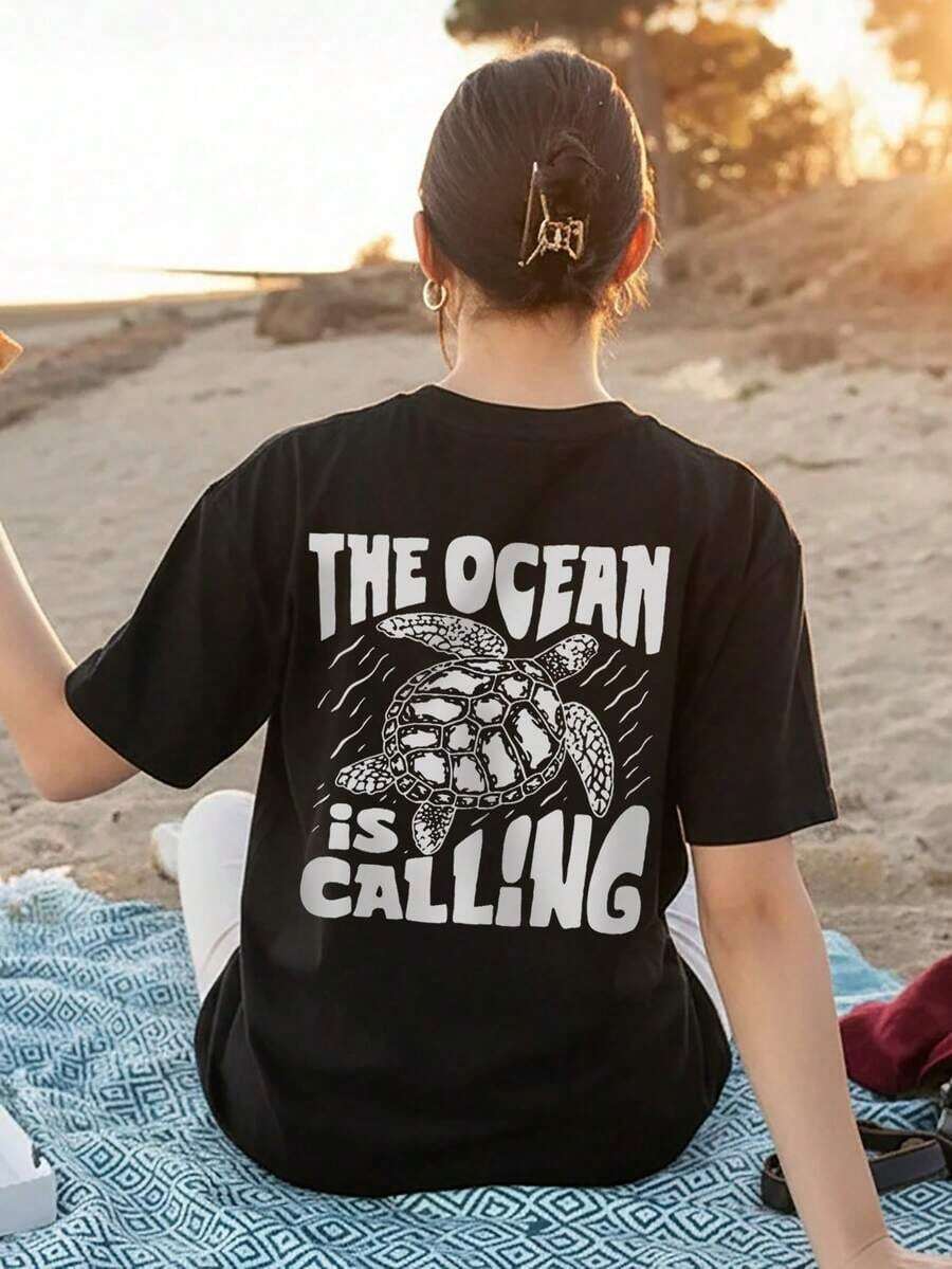 Camiseta de mujer de cuello redondo con estampado de criaturas marinas y letras para vacaciones de verano, camiseta gráfica, blanco, negro, rosa - Negro - Ver 1