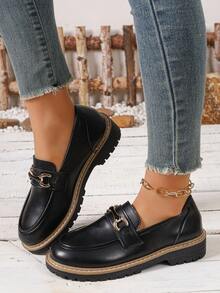 女士休闲乐福鞋，新款秋冬厚底英伦风小皮鞋，黑色时尚百搭鞋 - 黑色 - 查看 3