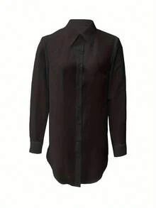 Women's Asymmetrical Long Sleeve Blouse, Solid Color Minimalist Office Top, Elegant Casual Shirt For Fall & Winter - 黑色 - 查看 3