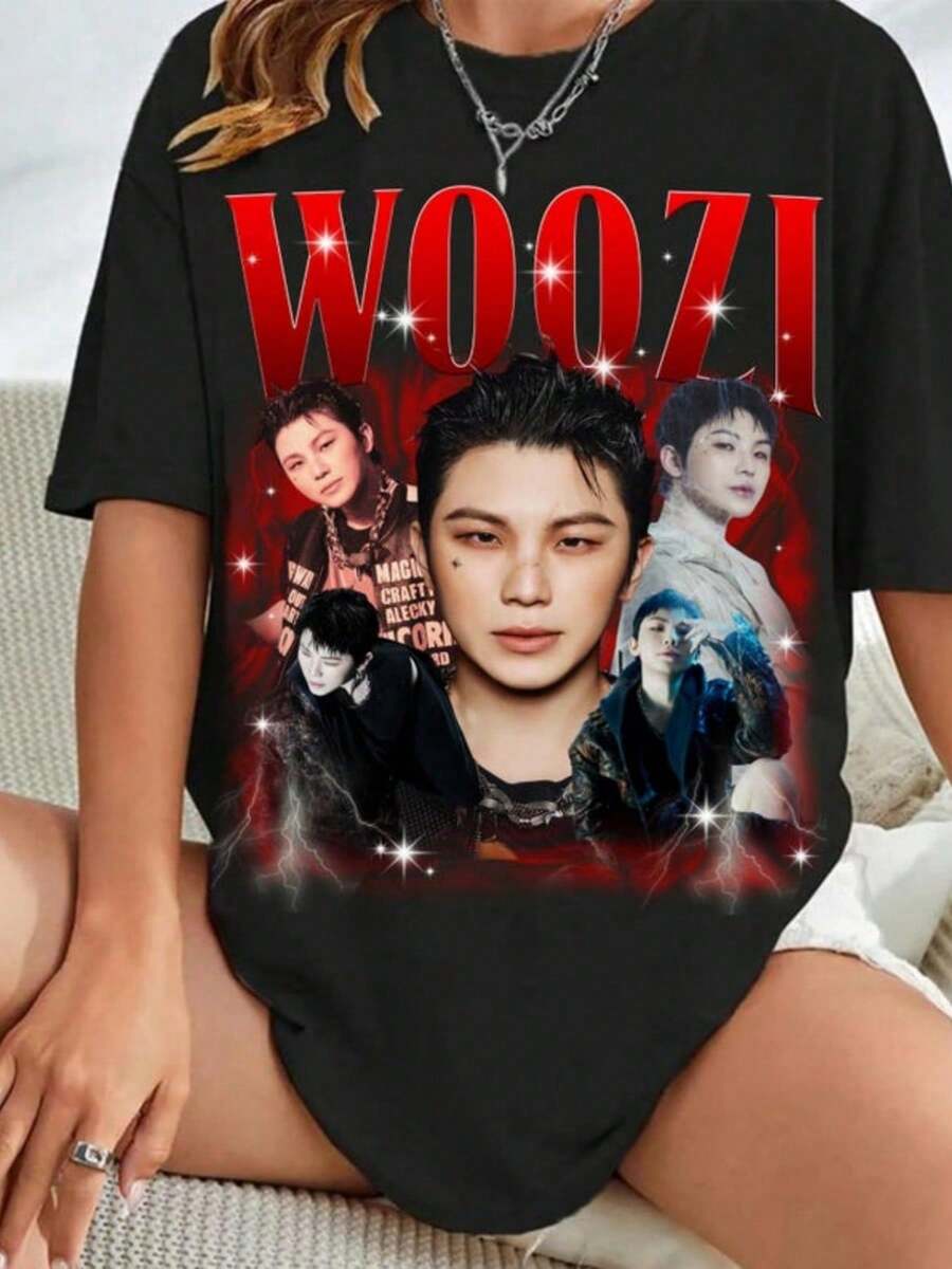 Retro Woozi Kpop T-Shirt Right Here World Tour Shirt Happy Burstday - 黑色 - 查看 1