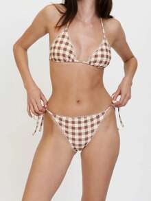 Women Y2k Plaid Shorts Bikini Set Halter Triangle Bikini Top Micro Shorts Sets Aesthetic Gingham Swimsuit - màu nâu - Xem 2
