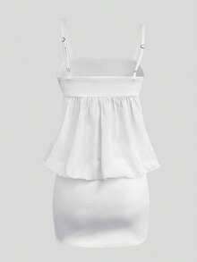 拼接网纱透视优雅连衣裙，纯色高品质性感派对时尚吊带裙 - 白色 - 查看 9