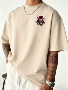 Men's Casual Versatile Simple Rose Flower Print Short Sleeve T-Shirt - Apricot - View 2