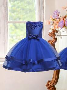 Young Girls' Solid Color Bow Tulle Satin Sleeveless Puffy Skirt, Elegant Formal Dress Suitable For Banquet And Party, Excluding Headband - Blue - View 3