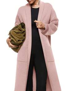 Womens Long Sleeve Maxi Cardigan Open Front Oversized Knitted Sweater Coat Casual Lapel Warm Overcoat With Pockets - 粉色 - 查看 1