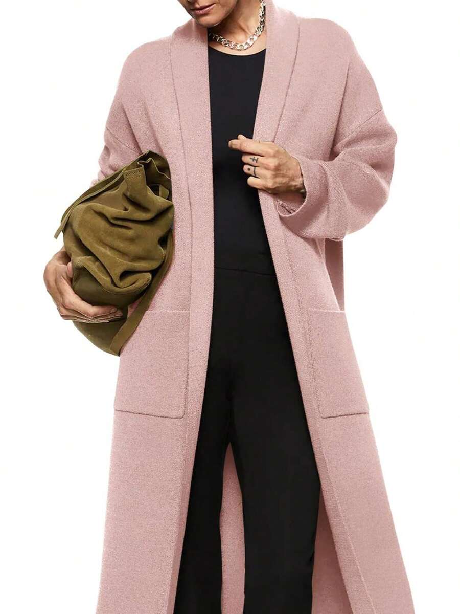 Womens Long Sleeve Maxi Cardigan Open Front Oversized Knitted Sweater Coat Casual Lapel Warm Overcoat With Pockets - 粉色 - 查看 1
