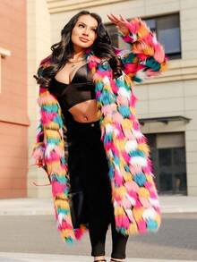 FHILLINUO Plus Size Women Fashion Lapel Collar Color Block Mid-Length Fluffy Coat, Suitable For Daily Street, Travel, Tea Party, Airport, Autumn/Winter Vacation - Nhiều màu - Xem 6