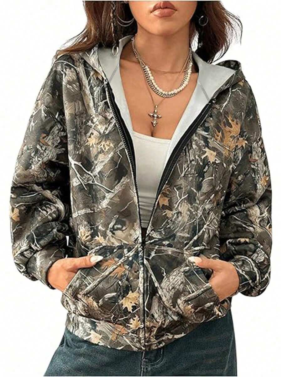 Regular Women's Vintage Camouflage Leaf Print Casual Hooded Jacket - Army Green - View 1