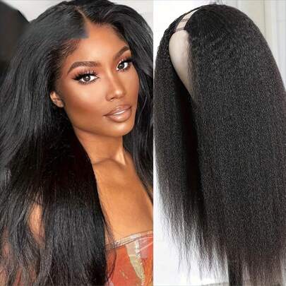 V Part Wig Human Hair Yaki Straight Upgraded U Part Wig No Leave Out Glueless Wigs For Women Ready To Wear Kinky Straight V Shape Clip In Vpart Wigs No Glue No Sew In 180% Density Natural Color