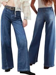 Women Wide Leg Baggy Jeans High Waisted Straight Stretchy Denim Pants Seamed Long Trousers - 藍色 - 查看 1