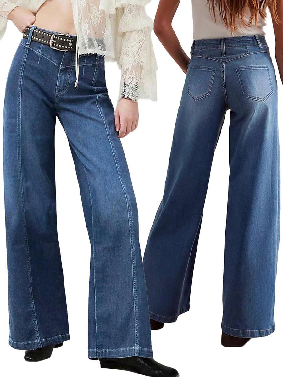 Women Wide Leg Baggy Jeans High Waisted Straight Stretchy Denim Pants Seamed Long Trousers - 藍色 - 查看 1