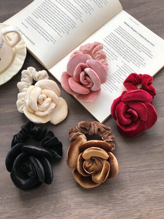 1pc/5pcs Vintage Plush Flower Hair Scrunchies, Elegant High Ponytail Decor, Ideal For Dates And Dining Out