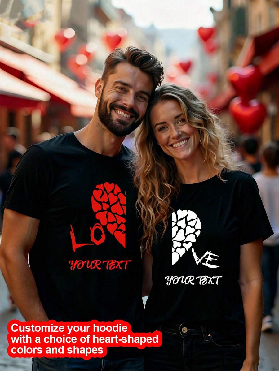 Customized Men's T-Shirt, Thanksgiving/Advertising Print/Lucky Number/Text/Name/Couple Name/Lucky Number, Any Text You Like, Valentine's Day/Anniversary/Birthday Gift, Gift For Him - Black - View 1