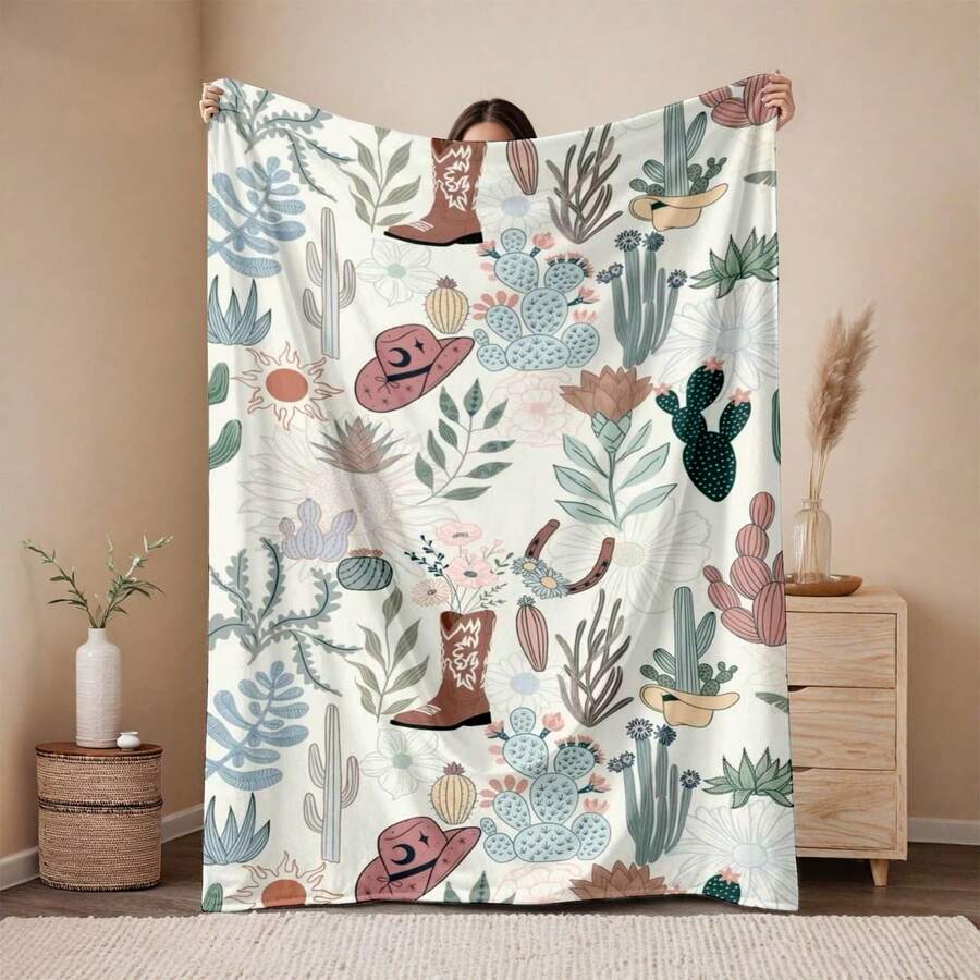 Retro Western Cowboy Theme, Cowboy Boots, Cowboy Hats, Cacti, Feather Design Patterns, Modern Home Style,Super Soft Flannel Printed  Blanket,As Birthday Gifts, Family, Wedding, Souvenir Blankets, Polyester Blankets Suitable For All Seasons, Washable, Machine Washable, Lightweight, Breathable, Comfortable, Warm, Unique, 280gsm For Him, Her Personalized Ideal Gifts For Her, Him, Family, Boyfriend, Girlfriend, Father, Family, Mother, Lover, Daughter, Son, Grandfather, Grandmother, Teacher,Doctor, Nurse,Friend, Classmate, Pet.Perfect Nap, Camping, Travel, Home, Daily Life, Office Decoration, Birthday, Anniversary, Valentine's Day, Thanksgiving, Graduation Season,Christmas, Halloween, Mother's Day, Father's Day, Wedding, New Year Gifts ,Sofa,Bed,Car,Bedroom,Living Room,Office,  Outdoor Camping, Beach,Wall Decoration - 多色35 - 查看 1