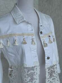 Women's Fashionable Lace-Trimmed Short Denim Jacket, With Lace Craftsmanship And Tassel Pendants, Casual White Denim Top, Suitable For Spring And Autumn. - 白色 - 查看 5