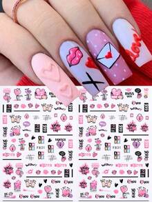 2片可爱粉紫色爱心、嘴唇和玫瑰情人节设计美甲贴纸，自粘式DIY美甲贴花，女士和女孩美甲配件 - 彩色 - 查看 1