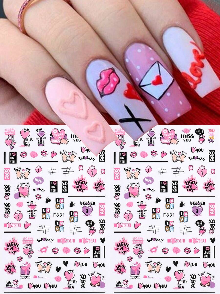 2片可爱粉紫色爱心、嘴唇和玫瑰情人节设计美甲贴纸，自粘式DIY美甲贴花，女士和女孩美甲配件 - 彩色 - 查看 1