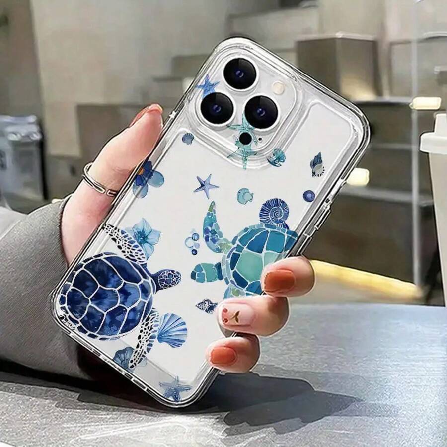 Patrón de tortuga marina azul y estrella de mar para iPhone 16 Pro Max, para iPhone 14/15/15 Plus, 13 Pro, 12, 11, 8 Plus, X/XR/XS Max, funda protectora transparente de cobertura total - Funda de teléfono de alta estética a prueba de golpes - Colores mixtos - Ver 1