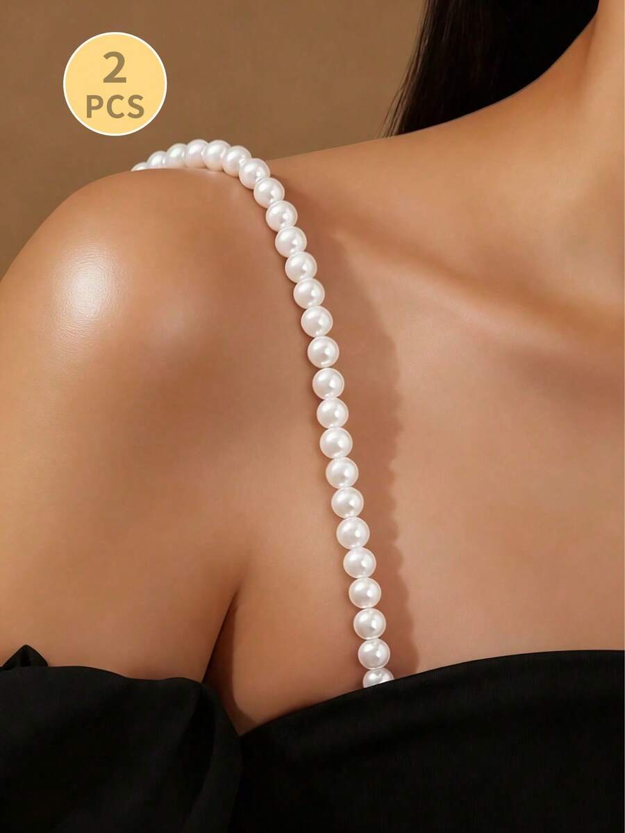 2条可调节珍珠装饰文胸肩带，可拆卸珍珠肩链/胸链/身链，适合露背连衣裙、婚纱、派对服装 - 白色 - 查看 1