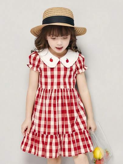 Girls Cute Peter Pan Collar Dress, Baby Girls Plaid Pattern Puff Sleeve Long Dress, New Summer Princess Dress For Girls