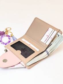 2026 New Kids Hanging Purse Wallet, Candy Color Contrast Patchwork Compact Snap Closure Multi-Function Wallet Card Holder Coin Purse - Pink - View 2