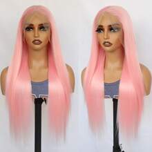 Light Pink Synthetic Lace Front Wigs Glueless Long Silky Straight Hair 13x4 HD Transparent Lace Wigs For Women Baby Pink Color Heat Resistant Fiber Hair Natural Hairline Baby Hair Daily  Party Cosplay Halloween Use - Màu Hồng  Dưa hấu - Xem 2