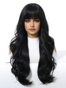 24英寸长黑色卷发假发，带刘海，大卷发，耐热合成假发，适合女性日常、派对、婚礼和其他场合。 - 黑色 - 查看 3