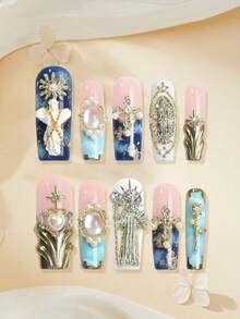 10片/套 手工制作 Y2K 蓝色调太阳女神美甲贴纸，包含天使、太阳女神、十字架、玫瑰和魔镜元素，送给女性和女孩的礼物，附赠工具包，适合派对、舞蹈、日常佩戴。 - 彩色 - 查看 2