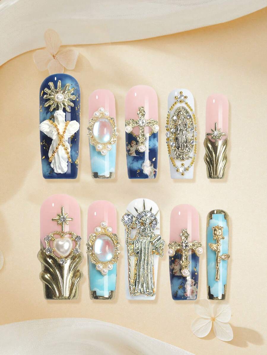 10片/套 手工制作 Y2K 蓝色调太阳女神美甲贴纸，包含天使、太阳女神、十字架、玫瑰和魔镜元素，送给女性和女孩的礼物，附赠工具包，适合派对、舞蹈、日常佩戴。