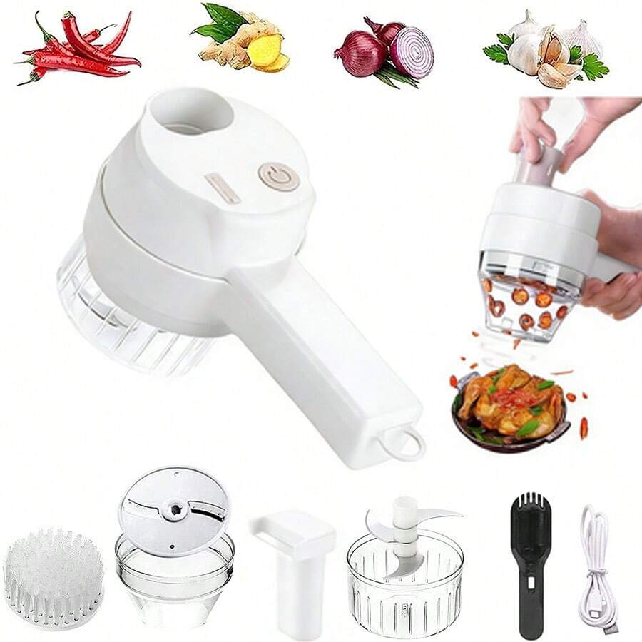 4-In-1 Rechargeable Food Processor/Stirrer, Easy To Clean, Stainless Steel Blades, Wireless Portable Vegetable Cutter, Suitable For Cutting Peppers, Garlic, Etc.