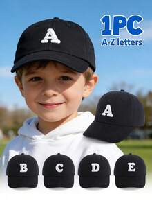 1顶幼儿字母图案棒球帽（A-Z），可调节魔术贴，防晒帽，适合1-5岁儿童，时尚黑色休闲日常帽 - 黑色 - 查看 1