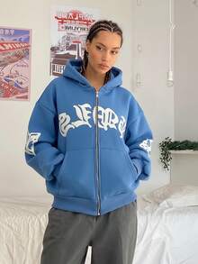 New European And American Women's Street Hoodies With Foam Zippers And European And American Hoodies - 藍色 - 查看 4