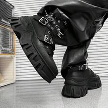 3pcs Men's Fashionable Thick Sole Elevated Motorcycle Boots, Solid Color Casual Punk Preppy Style Outdoor, Rivet Decor Removable & Versatile, Suitable For All Seasons