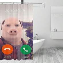 Funny "John Pork Is Calling" Bathroom Shower Curtain - Vibrant Cartoon Design With Funny Phone Motif,  Machine Washable Polyester - Perfect For Winter, Valentine'S Day & Easter Bathroom Decor, Bathroom Decorations,  Playful Design, Easy Maintenance - in ấn - Xem 1