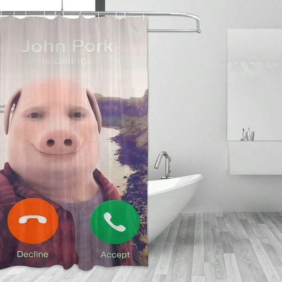 Funny "John Pork Is Calling" Bathroom Shower Curtain - Vibrant Cartoon Design With Funny Phone Motif, Machine Washable Polyester - Perfect For Winter, Valentine'S Day & Easter Bathroom Decor, Bathroom Decorations, Playful Design, Easy Maintenance - in ấn - Xem 1